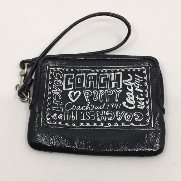 Coach Poppy Black Patent Leather Square Wristlet with Metallic Silver Lettering - Picture 1 of 16
